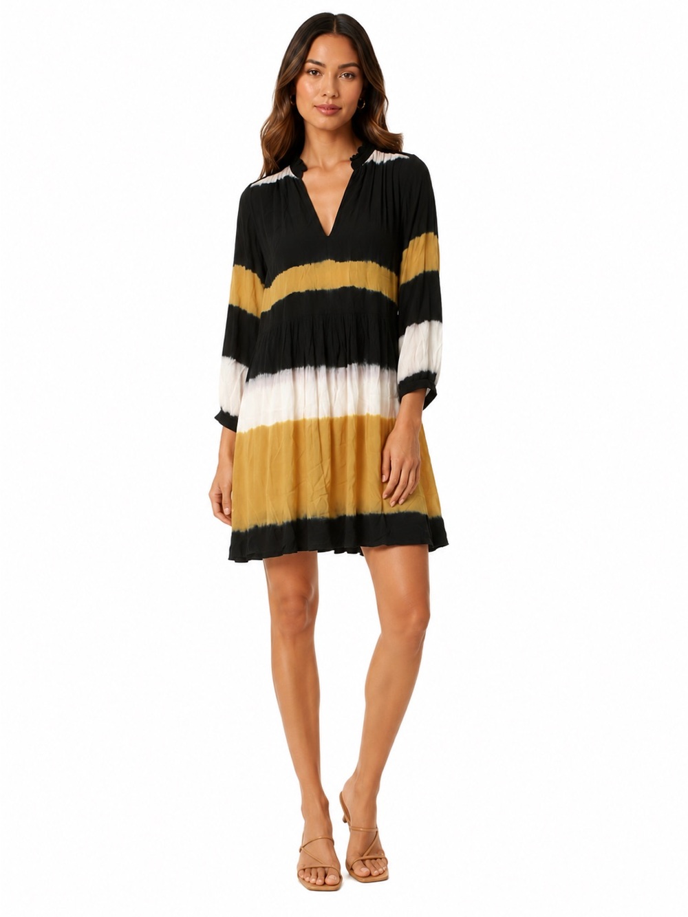 BA&SH Tie-dye Vlada loose fit mini dress in black/white/tan size xs